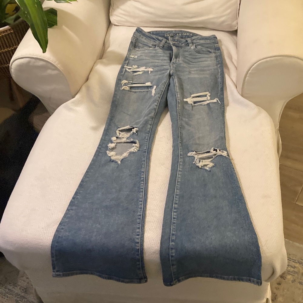 American Eagle Outfitters Light Blue Distressed Flare Jeans